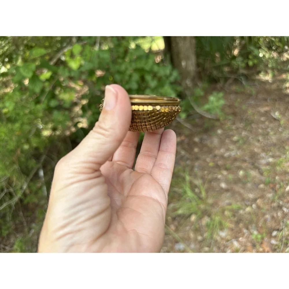 VTG Galleon Ship Powder Compact Gold Tone Guilloché Foil Nautical Vanity Compact